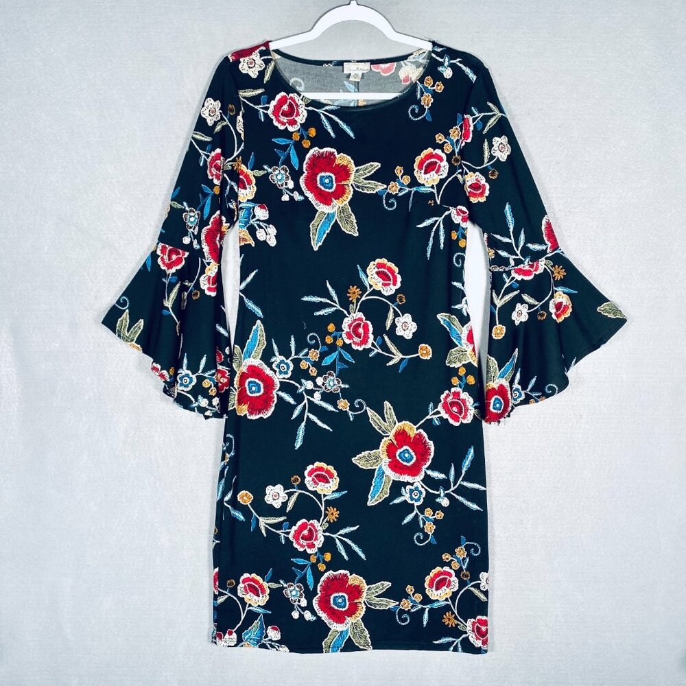 Vintage y2k Cottagecore Dress Womens S Black Floral Statement Sleeve Mini Boho